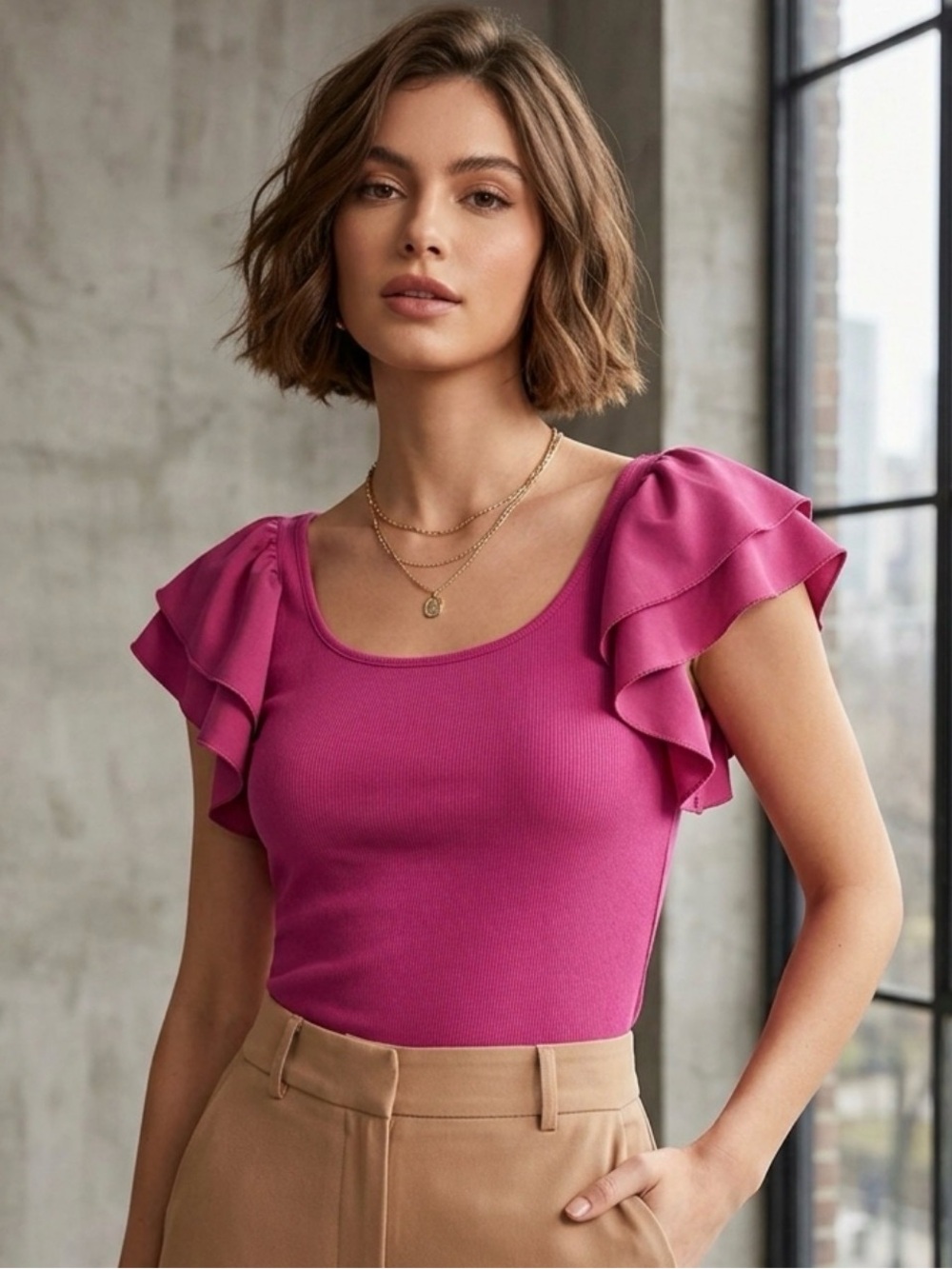 Ruffle Sleeve Scoop Neck Top in Magenta